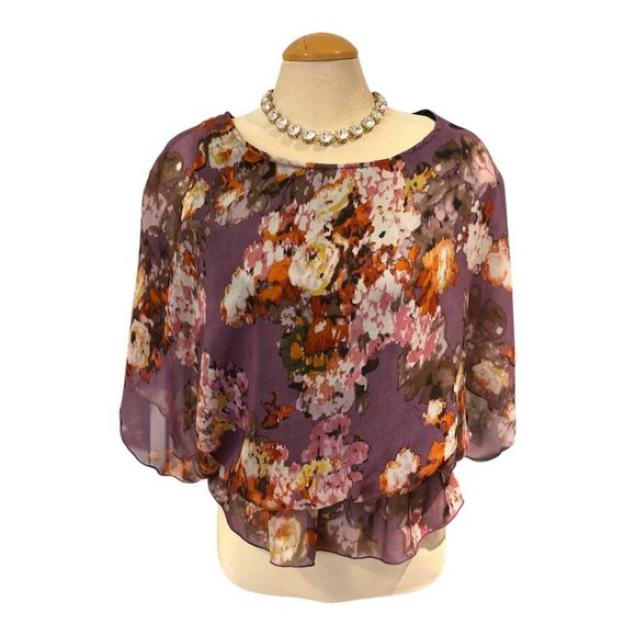 CYNTHIA ROWLEY Floral Blouse Size Med Flowy Big Sleeves Ruffle Hem Lined - Picture 1 of 14